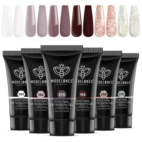 Miniatura 8 de modelones Juego de Gel de Uñas Poli, 6 Colores Colección Roja Popular Vino Burdeos Brillante con Purpurina Gel de Extensión Poli Rojo Sangre Oscuro
