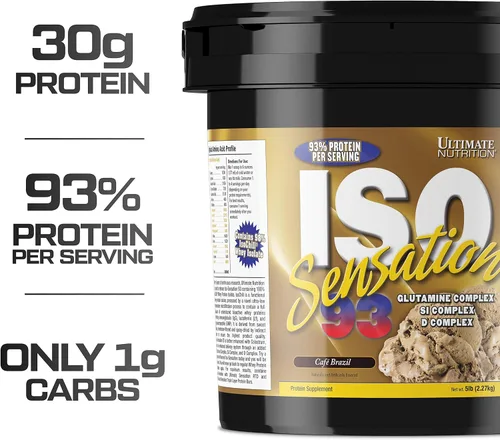 Ultimate Nutrition ISO Sensation 93 polvo aislante de proteína de suero puro con 1.06 onzas de proteína de bajo contenido de carbohidratos, proteína
