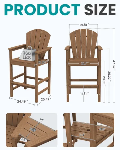 Miniatura 4 de SERWALL Juego de 2 sillas altas Adirondack con paraguas de 9 pies, sillas de exterior de altura de barra de HDPE, taburetes de bar Adirondack