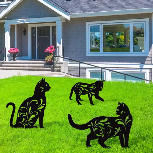 Miniatura 5 de URATOT Paquete de 3 estatuas de jardín de metal para gatos, silueta de gato negro, estacas decorativas para jardín al aire libre, estatuas