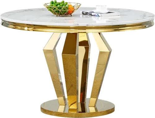 Miniatura 6 de Henf Juego de mesa de comedor redonda de mármol para 6, moderna mesa de comedor de 45 pulgadas con base de acero inoxidable con diseño de diamante