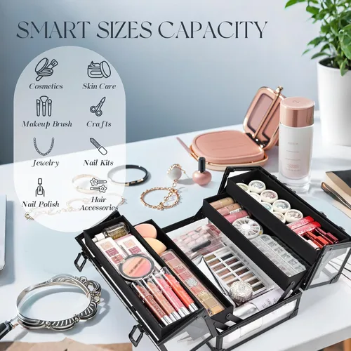 Miniatura 2 de FRENESSA Estuche de maquillaje portátil para cosméticos, caja organizadora de artículos de tocador, estuche de acrílico transparente para artistas