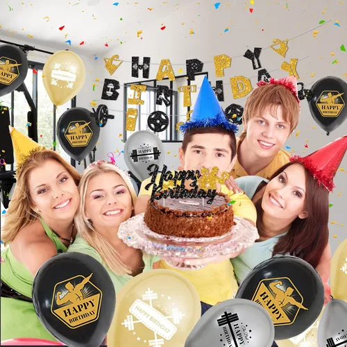 Miniatura 6 de KEFAN Decoraciones de fiesta de cumpleaños de gimnasio, suministros de fiesta temática de fitness negro y dorado con globos de látex, decoración