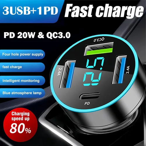 Miniatura 2 de Adaptador de cargador de automóvil, cargador USB de 4 puertos con voltímetro PD 3.0 y QC 3.0, cargador USB para automóvil, accesorios de carga