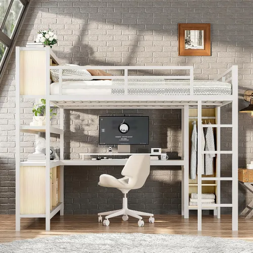 Miniatura 13 de SOFTSEA Cama tipo loft de metal completo con escaleras y armario, cama alta para niños con barandillas en forma de casa y estantes de Negro