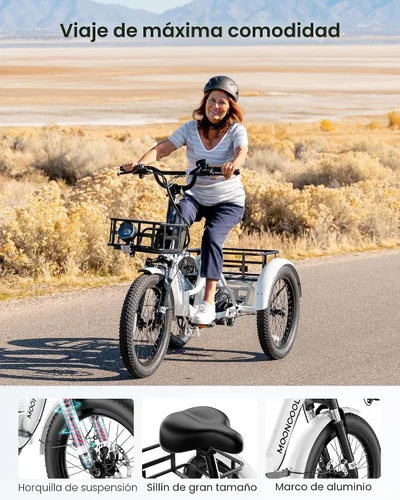 Miniatura 3 de MOONCOOL Triciclo eléctrico para adultos, 500 W/750 W 48 V, triciclo eléctrico plegable de potencia máxima 1100 W, neumático grueso de 20 x 3.0