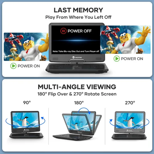 Miniatura 6 de WONNIE Reproductor Blu Ray portátil de 16.9 pulgadas con pantalla giratoria grande Full HD de 14.1 pulgadas 1080P, reproductor de DVD Blu-ray