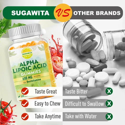 Miniatura 7 de Gomitas de ácido alfa lipoico, 2 paquetes, veganas, sin azúcar, suplemento de 600 mg de ALA, ácido alfa lipoico puro de 600 mg con benfotiamina