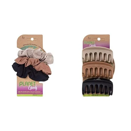 Planet Goody - Paquete de accesorios para el cabello, paquete de 3 coleteros, 3 clips de garra grandes y paquete de 3 negros, varios colores