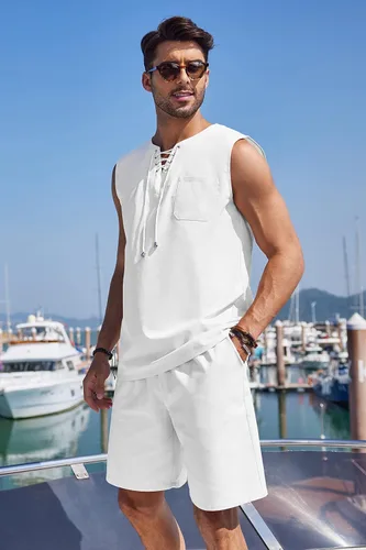 Miniatura 3 de COOFANDY Mens Coordinated Outfit Linen Drawstring Tank Tops Casual Elastic Waist Shorts Set
