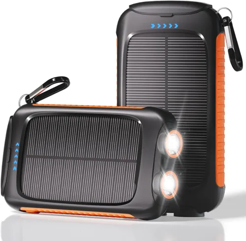 Miniatura 10 de Banco de energía solar de 20000 mAh, cargador portátil negro con salidas USB-C y USB-A, batería de reserva de emergencia, linterna LED, para iPhone