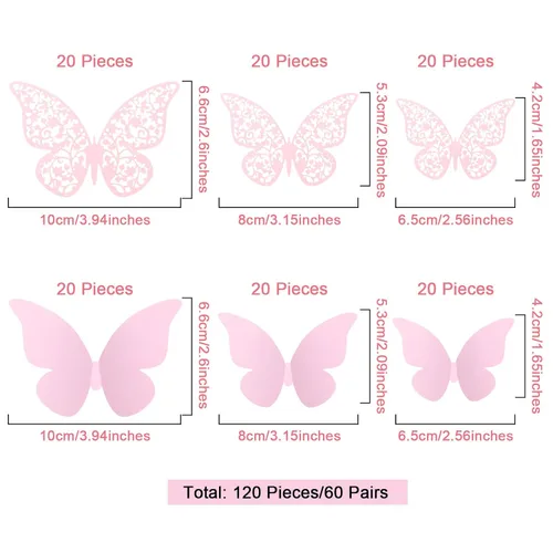 Miniatura 2 de Outus 120 Piezas Mariposas 3D en Capas Rosas Decoración de Pared Calcomanías de Mariposas Removibles Huecas Calcomanías Murales para Decoraciones