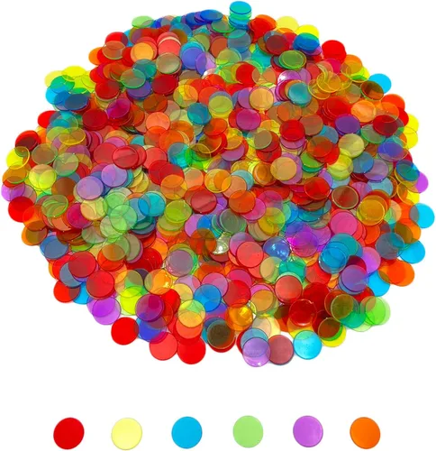 JUNWRROW 1000 Piezas Fichas de Conteo de Bingo Transparentes de 3/4 pulgadas de 6 Colores con Bolsa - para Juegos de Grupos Grandes, Noche de Juegos