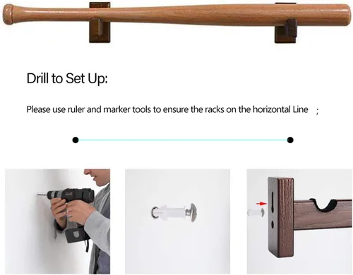 Miniatura 4 de Orga'Neat Vitrina de Exhibición para Bate de Béisbol, Soporte de Pared para Bate con Colgador, Estante Horizontal de Nogal Macizo con Forro Marrón