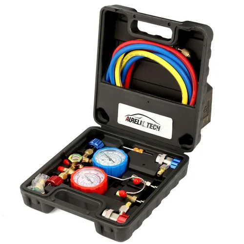 Juego de manómetro de 3 vías de AC, compatible con refrigerantes R134A R12 R22 y R502, con manguera de 5 pies, adaptadores de tanque Acme,