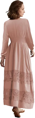 Miniatura 71 de Vestido largo de encaje para mujer de manga corta y cuello en V, vestido de fiesta estilo bohemio con cintura fruncida, vestido bohemio para mujer
