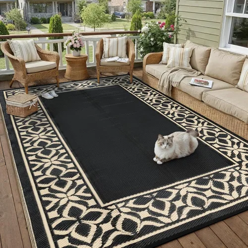 PureCozy Alfombra de paja de plástico para exteriores, color negro, beige, grande, impermeable, para patio, 5 x 8 pulgadas, geométrica, reversible,