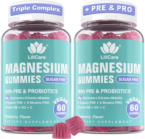 Gomitas de complejo de magnesio de 400 mg para mujeres y hombres con prebióticos y probióticos, suplemento de gomita de citrato de glicinato de
