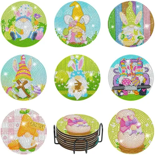 XEFINAL 8 posavasos de diamante de Pascua con soporte, posavasos de gnomo, kits de pintura de arte de diamante para adultos principiantes Gnomo de