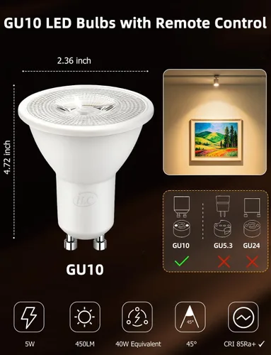 Miniatura 8 de ILC Bombilla LED GU10, equivalente a 40 W, cambio de color, 12 colores, 5 W, regulable, blanco cálido, 2700 K, RGB con control remoto (paquete de 4)