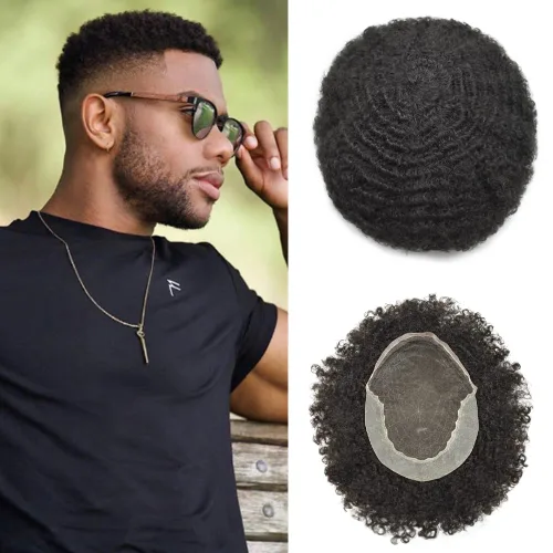 Miniatura 8 de Afro Toupee para hombres negros encaje tupé rizado rizado sistema de reemplazo indetectable Afro unidades de cabello para hombre negro 8X10 Off OFF