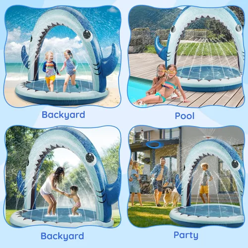 Miniatura 7 de Gleamkid Aspersor de tiburón gigante para niños, juguetes inflables de agua con rociador de 360°, 4 anillos de lanzamiento de plástico, juego