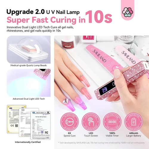 Miniatura 2 de SAVILAND Luz UV con Brillo para Uñas de Gel: Pantalla LCD Rosa de 12W, Lámpara de Uñas UV Portátil, Lámpara LED de Curado 8X Más Rápida, Luz