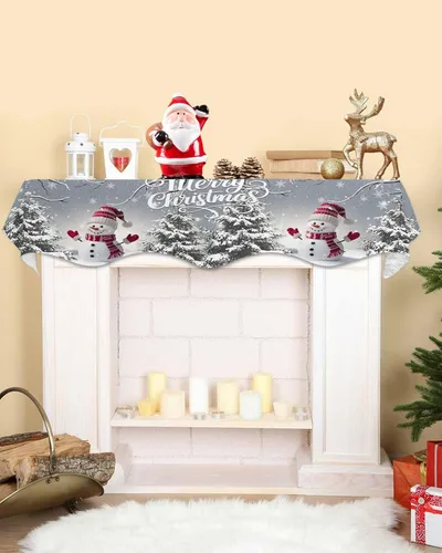 Miniatura 2 de Bufanda de Navidad gris para chimenea, muñeco de nieve gris para chimenea, decoración de mantel de Navidad con copo de nieve de invierno, cubierta