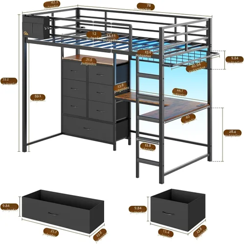 Miniatura 2 de DICTAC Cama alta individual con escritorio en forma de L y 7 cajones de almacenamiento, cama alta de metal tamaño individual para niños con luces