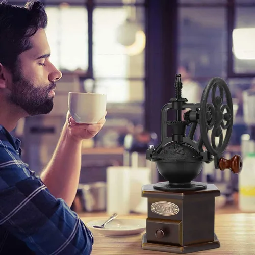 Miniatura 7 de IMAVO Molinillo de café manual, molinillo de grano de café de madera con manivela de hierro fundido, diseño antiguo, perfecto para el hogar, Máquina
