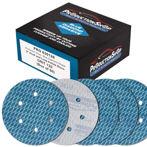 Miniatura 9 de ProductionShop Premium - Discos de lijado azules con forma de rombo de grano 80 de 6 pulgadas, 6 agujeros, caja de 50 – Papel de lija sin polvo