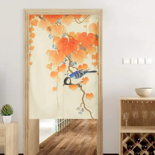 Miniatura 2 de Cortina japonesa Noren para puerta, pintura de tinta, hojas y pájaros, cortina para puerta, tapiz divisor de habitación, 33 x 35 pulgadas Bird 2