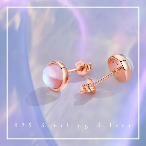 Miniatura 2 de Aretes para orejas sensibles, aretes de piedra lunar sintética, aretes redondos de plata de ley para mujer