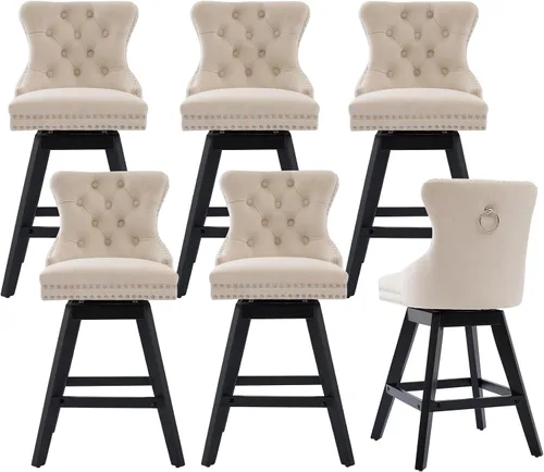Miniatura 34 de cinkehome Juego de 2 taburetes de bar giratorios de altura de mostrador, taburetes de bar tapizados de terciopelo con respaldo, sillas de bar