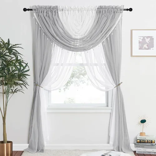 Miniatura 11 de NICETOWN - Cortinas transparentes elegantes de gasa para sala de estar/guardería, cortinas victorianas con bolsillo para barra, gris claro y blanco
