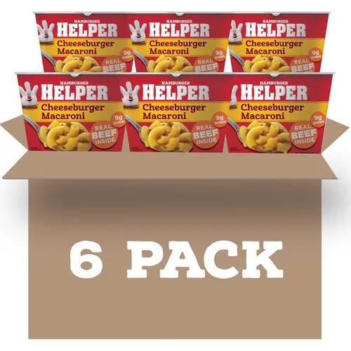 Hamburger Helper Taza de macarrones para microondas con hamburguesa con queso (2 onzas, paquete de 6) sin sabores artificiales, listos en 4 minutos,