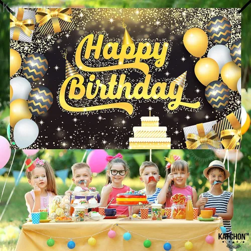 Miniatura 7 de KatchOn, Cartel extragrande de feliz cumpleaños negro y dorado, 72 x 44 pulgadas, pancarta de fondo para decoraciones de feliz cumpleaños