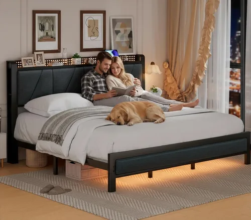 Miniatura 9 de Furnulem Marco de Cama King con Cabecero y Luz LED, Plataforma Tapizada con Toma de Corriente y Puerto USB, Cama Tamaño King con Soporte de Metal