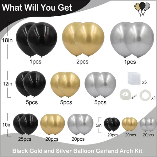 Miniatura 2 de Kit de arco de guirnalda de globos negros y dorados y plateados, 144 piezas de diferentes tamaños, decoraciones de Año Nuevo para Año Nuevo