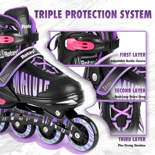 Miniatura 5 de Patines en línea ajustables para niñas y niños con ruedas de luz completa, divertidas cuchillas iluminadoras para principiantes, para niños, Púrpura