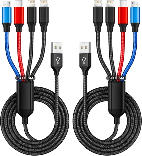 Miniatura 10 de Paquete de 2 cables de carga múltiple dual tipo C 4 en 1 de 6 pies para múltiples dispositivos con 2 puertos USB-C/IP/micro, cable USB de carga