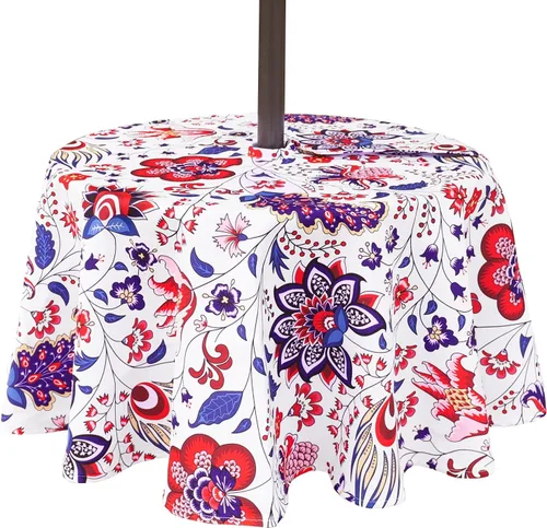 SquarePie Mantel redondo de 60 pulgadas para exteriores con agujero para sombrilla y cremallera, resistente al agua, a prueba de derrames, mantel de