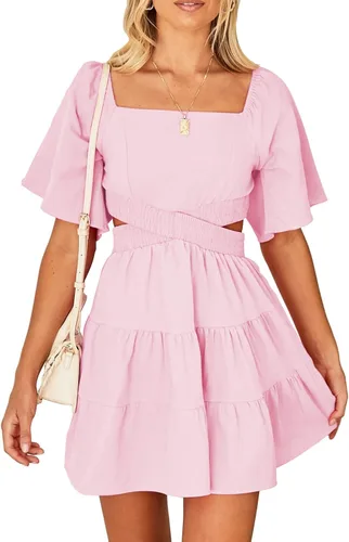 Shy Velvet - Vestido de verano para mujeres, cuello cuadrado, mangas cortas, cintura cruzada, mini vestido de fiesta casual