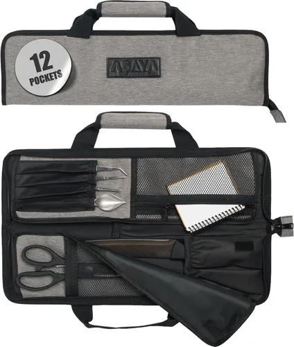 Miniatura 8 de Bolsa enrollable para cuchillos de chef Asaya - 12 bolsillos para cuchillos y utensilios de cocina - Nylon ligero, duradero y resistente a manchas