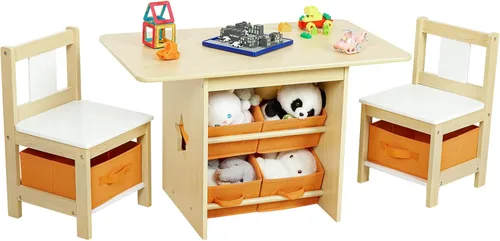 Juego de mesa y silla para niños (2 sillas incluidas), grupo de escritorio de madera para niños pequeños con 6 cajas de almacenamiento, muebles para