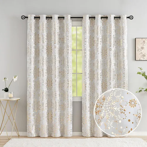 Miniatura 23 de Treatmentex Cortinas Opacas de Oro Marfil con Estampado de Copos de Nieve, Paneles de Cortina para Sala de Estar de 63 Pulgadas con Medallón Floral