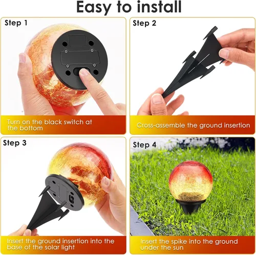 Miniatura 7 de 2 Pack 60 LED Luces solares de jardín para exterior, decorativas, luces de globo de vidrio agrietado con gradiente rojo, luces de bola impermeables