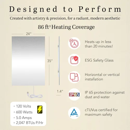 Miniatura 2 de Panel de calentador de pared infrarrojo con espejo de vidrio de 600 W, panel de calor radiante eléctrico de 24 x 35 pulgadas, calentador de espacio
