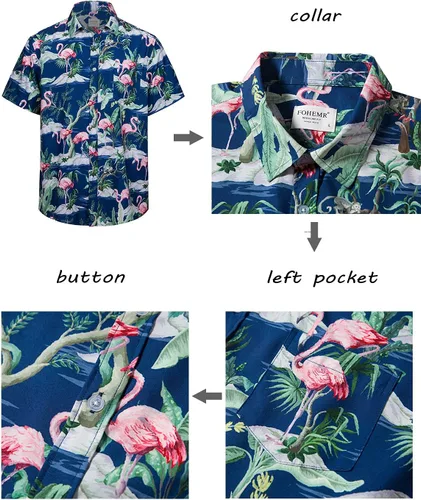 Miniatura 5 de fohemr Mens Hawaiian Shirt and Short Beach Set Match Tropical PineappleFlamingo Pattern Outfits Short Sleeve Short 2 PC