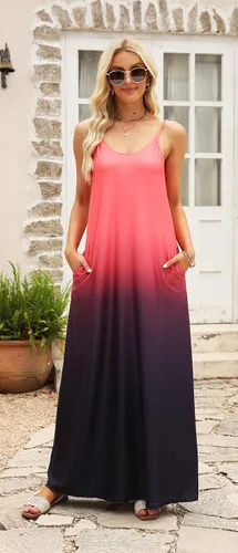 Miniatura 3 de Supnier - Vestido de verano largo para mujer, diseño con tirantes delgados, bolsillos, estampado floral, uso informal, estilo bohemio